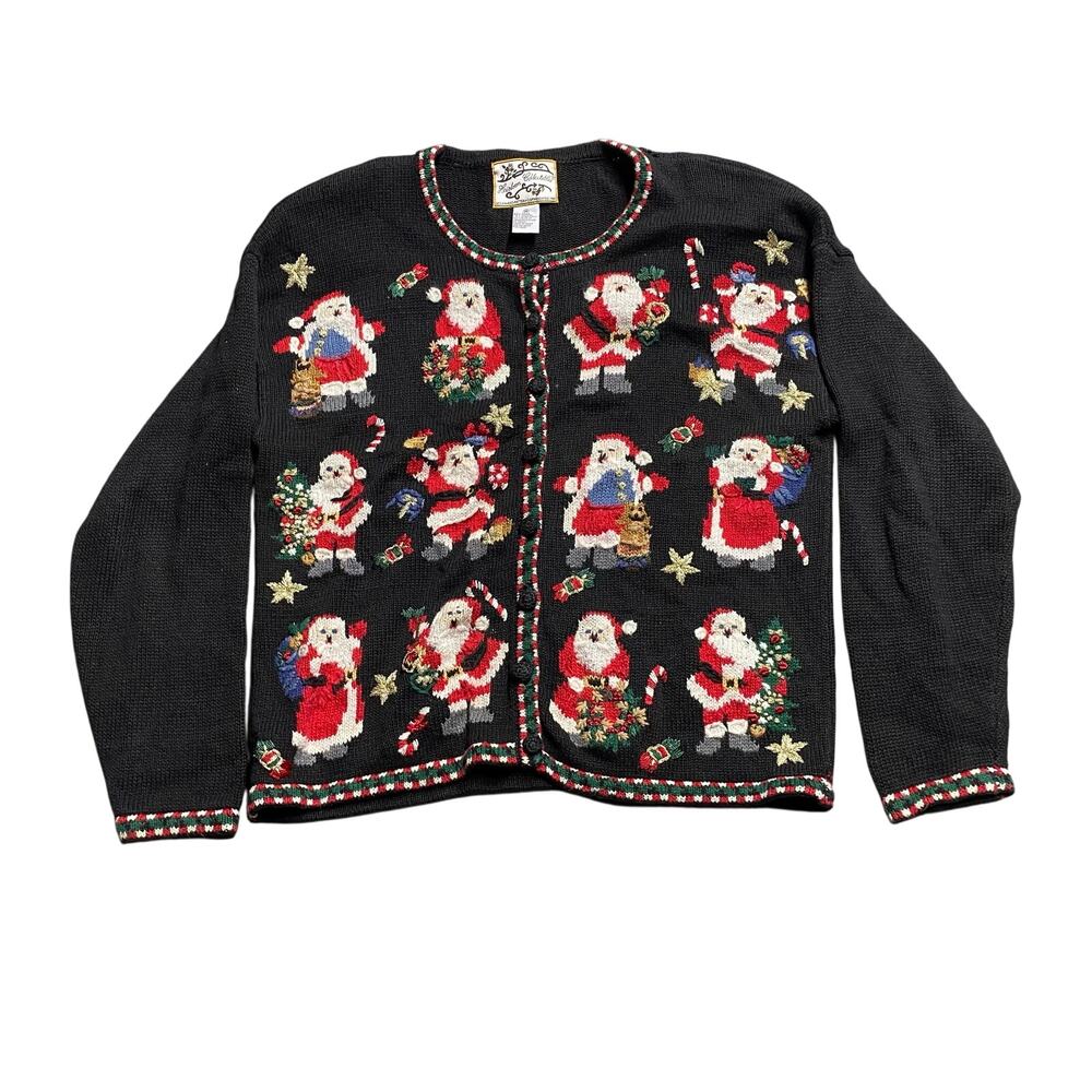 Vintage Black Heirloom Collectibles Santas Ugly Christmas Cardigan Chunky Knit M